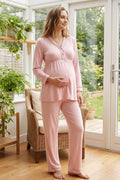 Piped V-Neck Maternity Feeding-Friendly Pajama Set Pink - T4052