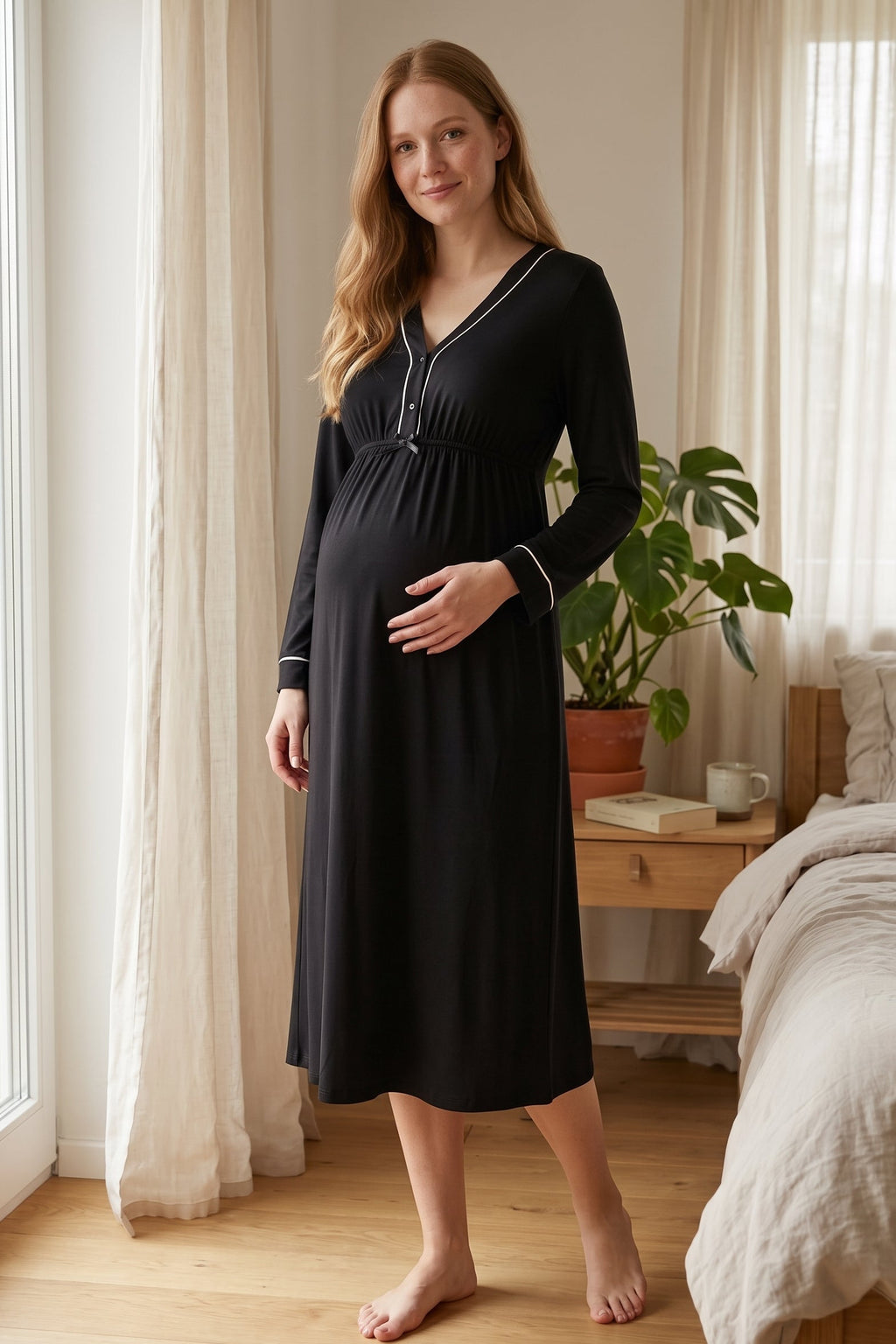 Piped V-Neck Maternity Feeding-Friendly Nightgown Black - T4053
