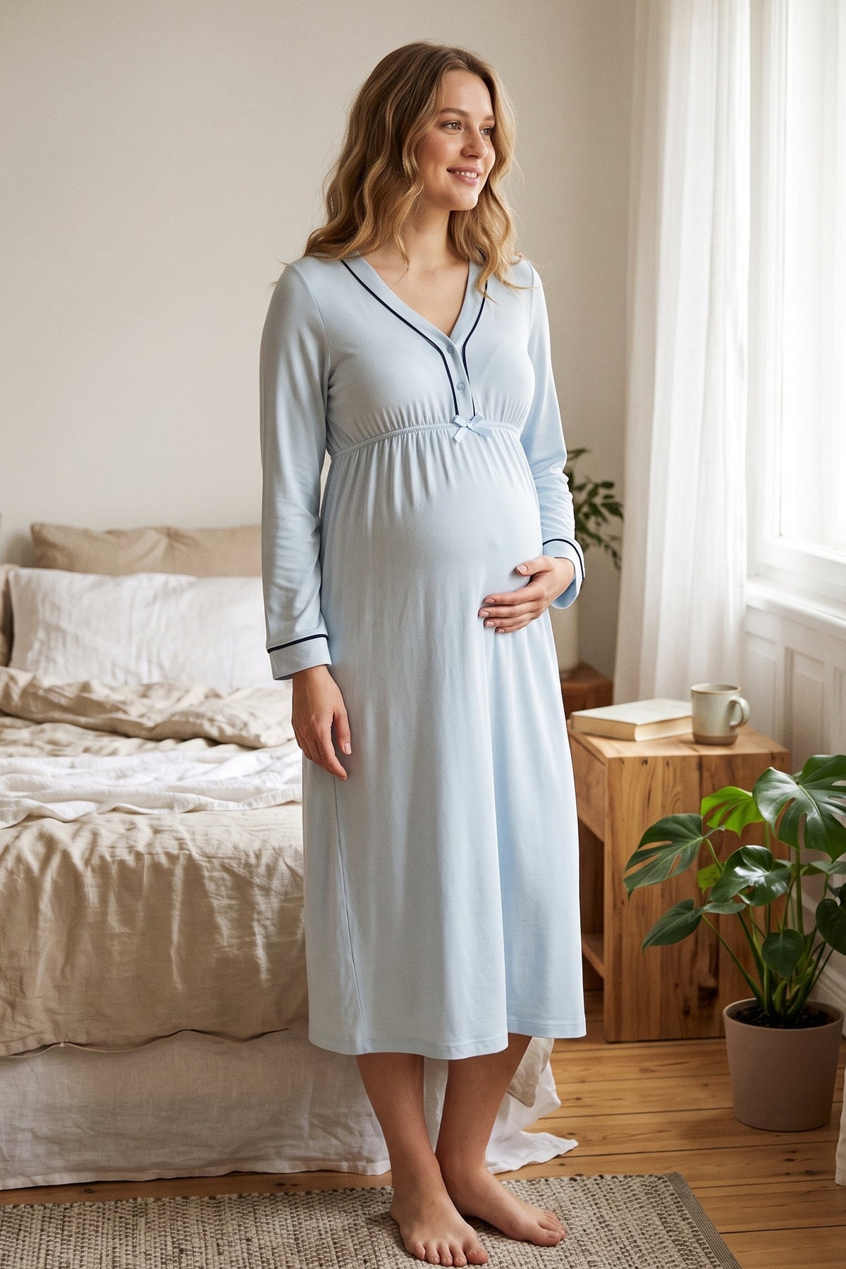 ثوب النوم الأزرق الصديق للأمومة برقبة V-Neck - T4053