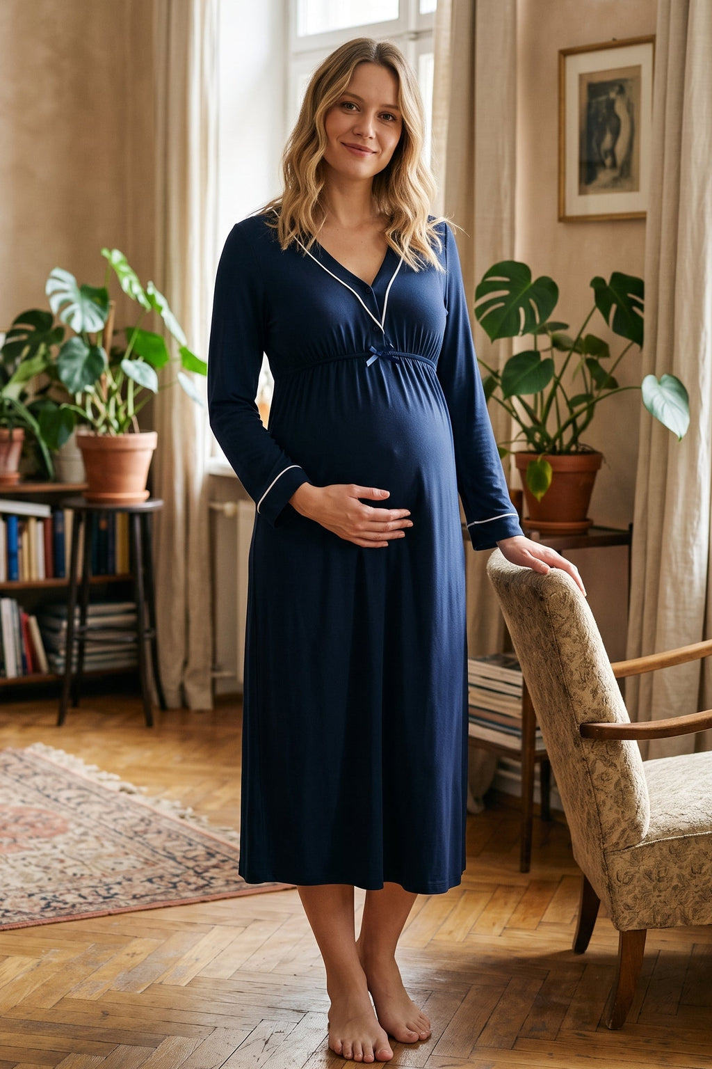 Piped V-Neck Maternity Feeding-Friendly Nightgown Navy Blue - T4053