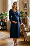 Piped V-Neck Maternity Feeding-Friendly Nightgown Navy Blue - T4053