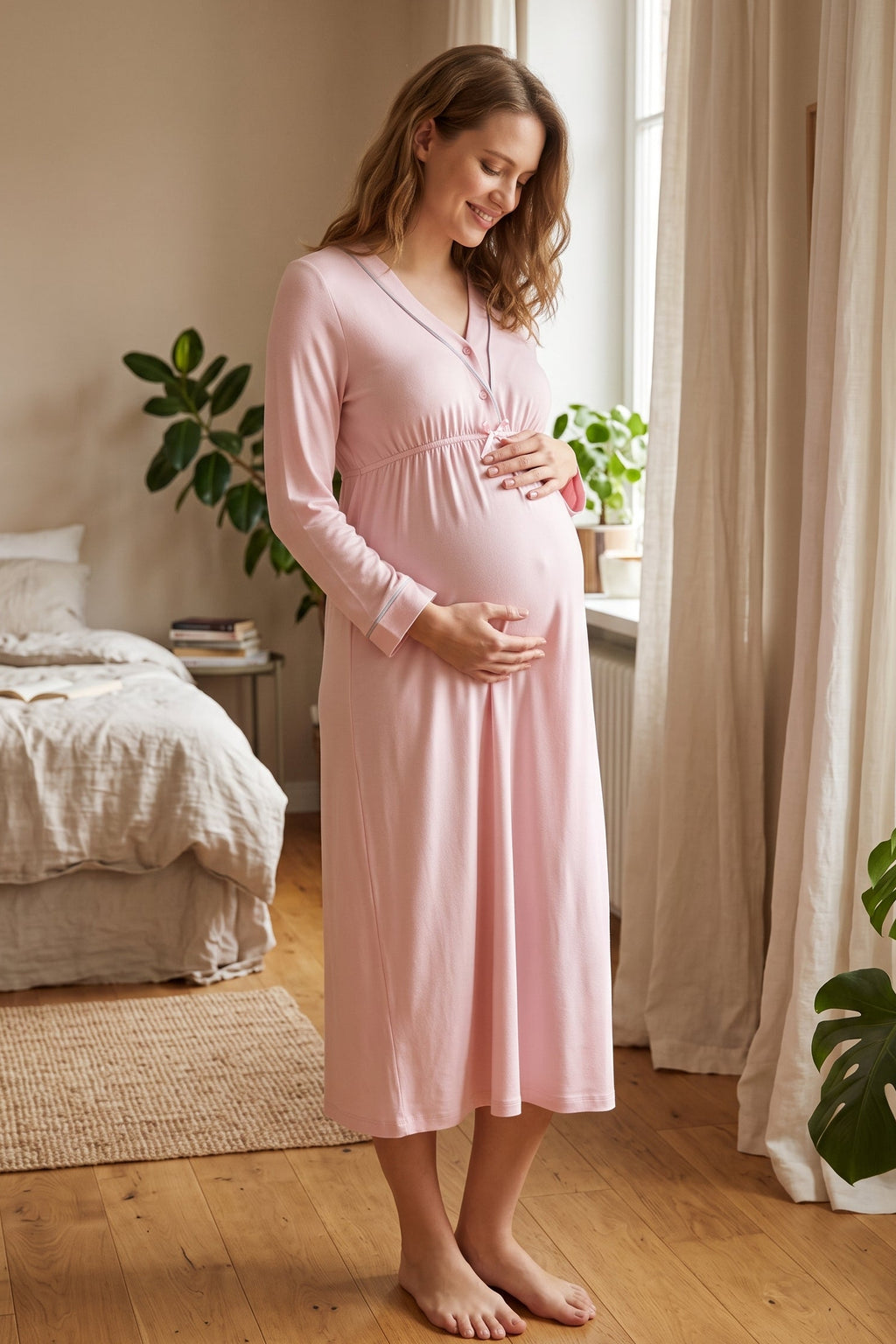 Piped V-Neck Maternity Feeding-Friendly Nightgown Pink - T4053