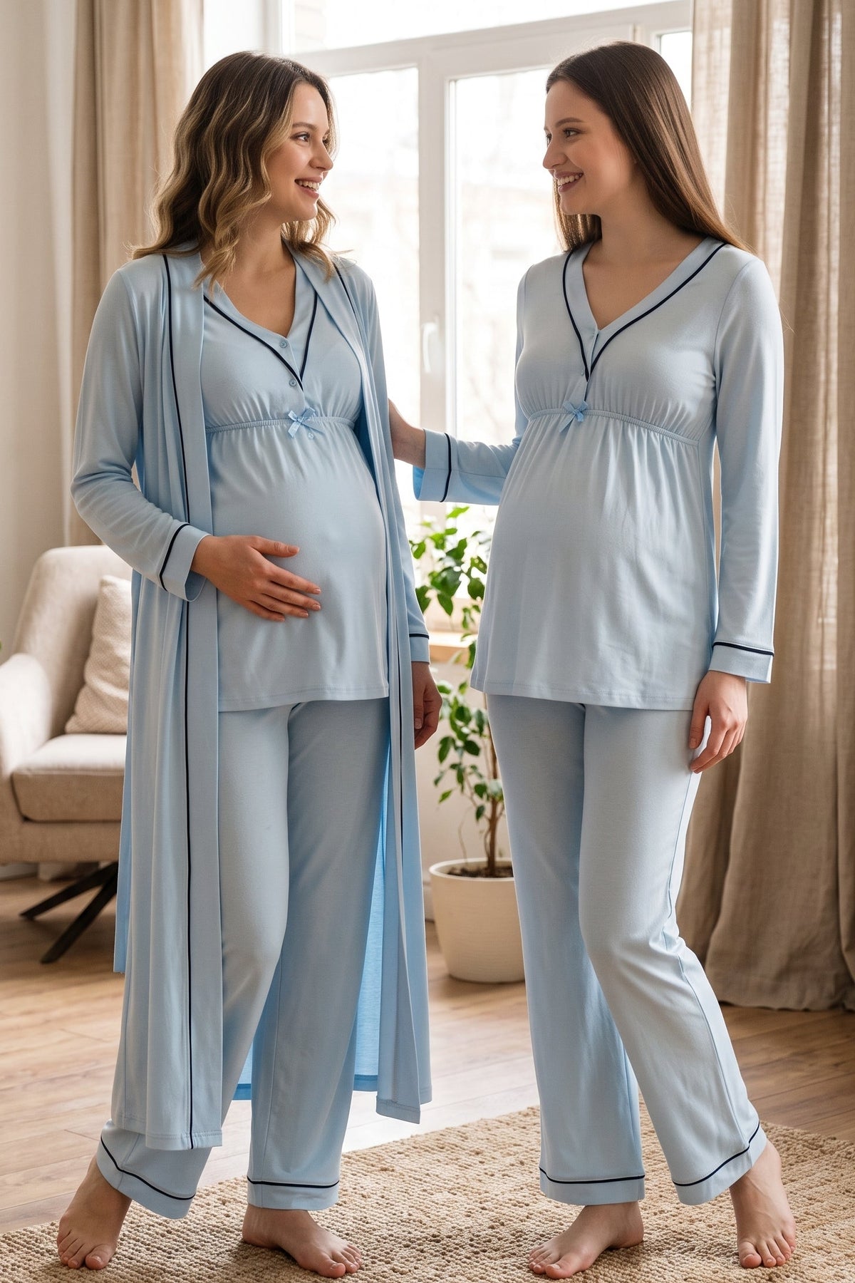 Piped V-Neck 3-Piece Maternity Feeding-Friendly Pajama & Robe Set Blue - T4054