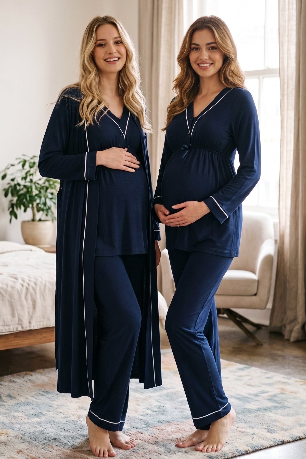 Piped V-Neck 3-Piece Maternity Feeding-Friendly Pajama & Robe Set Navy Blue - T4054