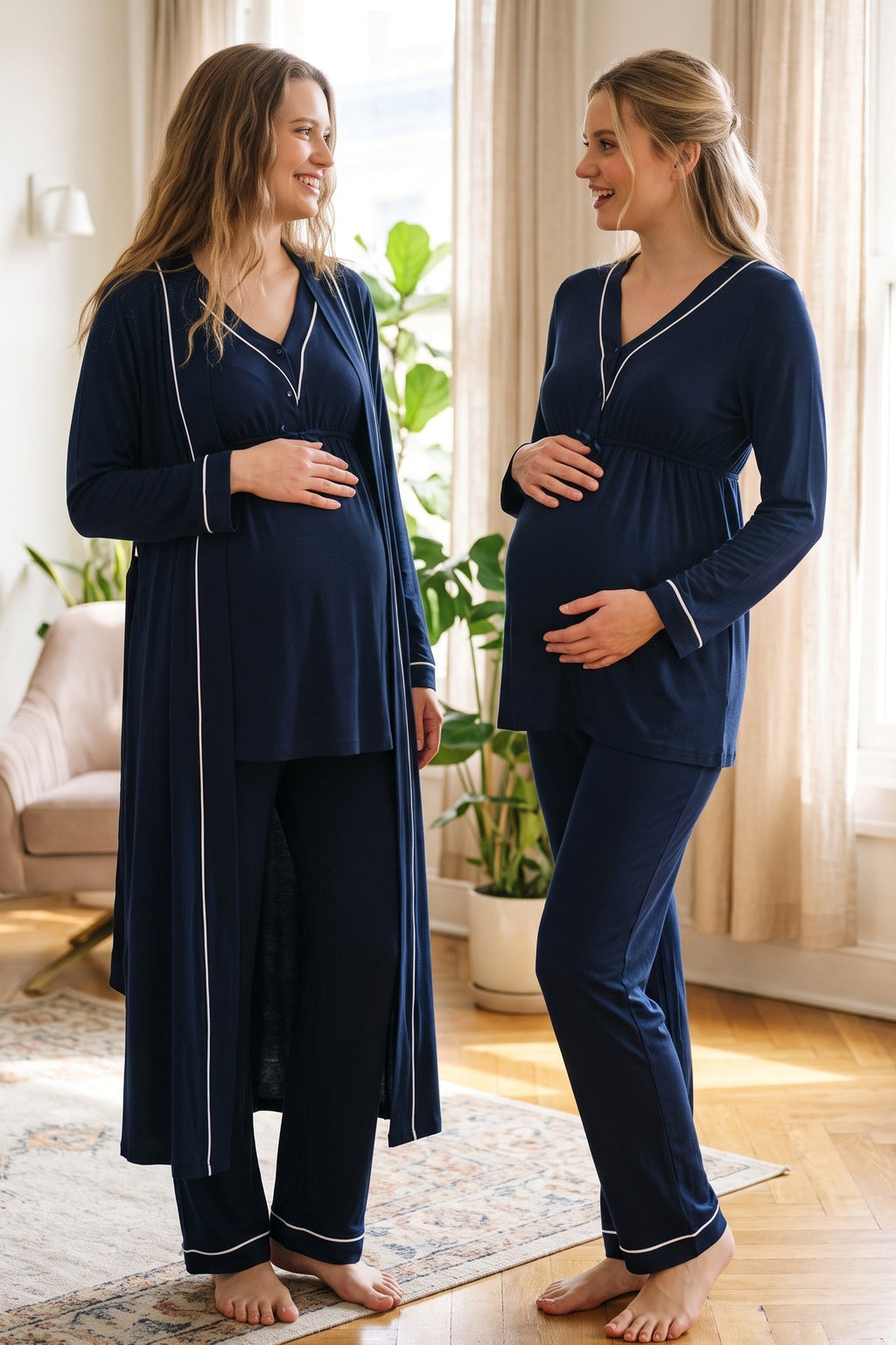 Piped V-Neck 3-Piece Maternity Feeding-Friendly Pajama & Robe Set Navy Blue - T4054