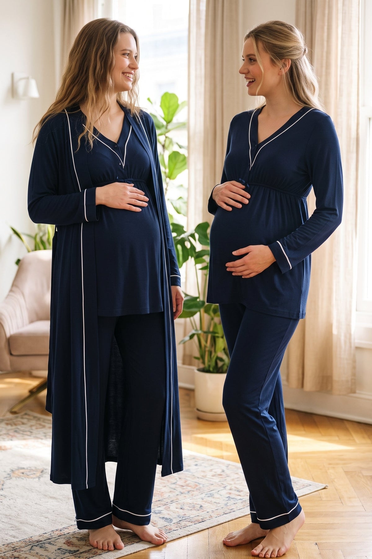 Piped V-Neck 3-Piece Maternity Feeding-Friendly Pajama & Robe Set Navy Blue - T4054