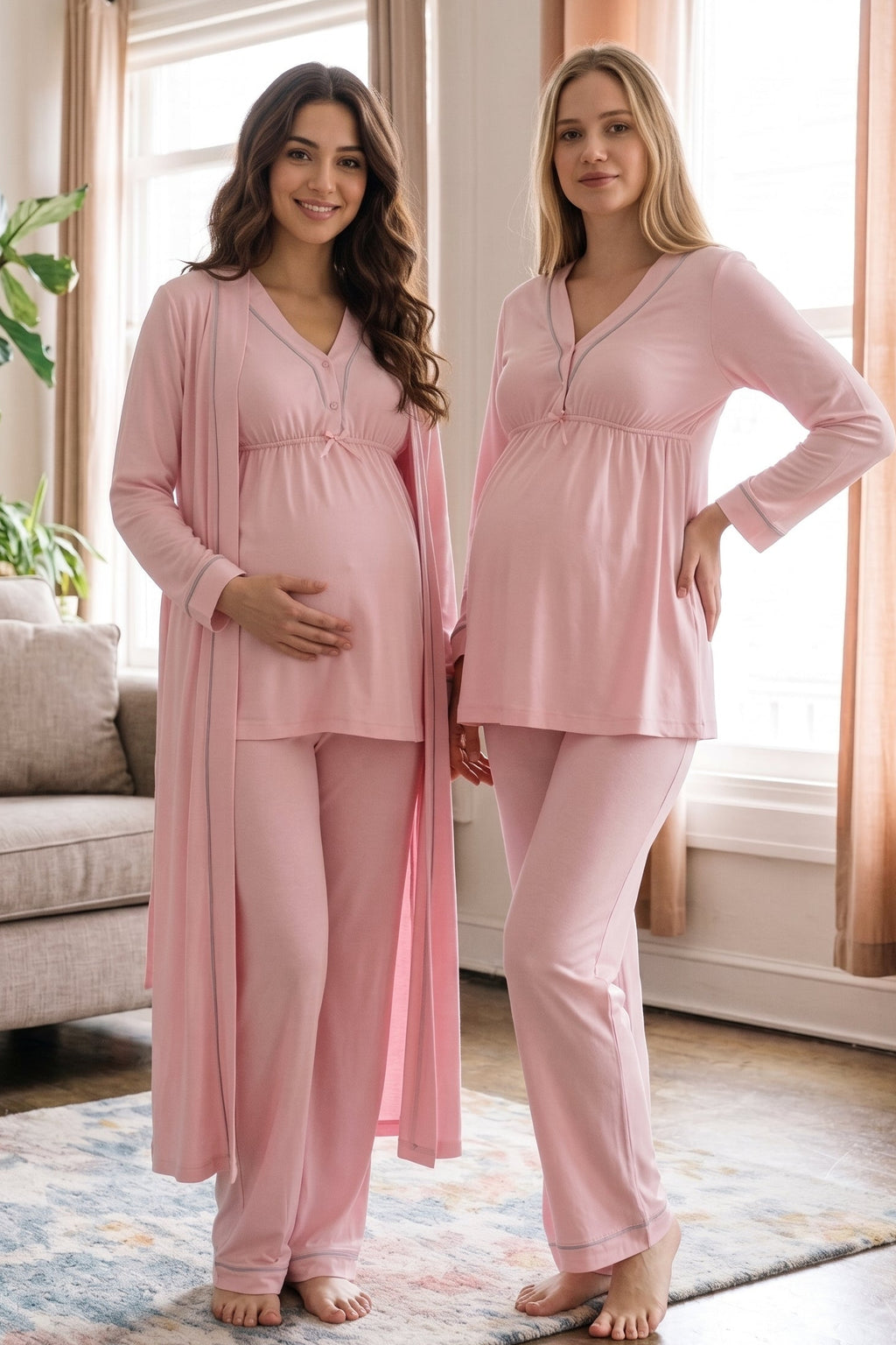Piped V-Neck 3-Piece Maternity Feeding-Friendly Pajama & Robe Set Pink - T4054