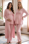 Piped V-Neck 3-Piece Maternity Feeding-Friendly Pajama & Robe Set Pink - T4054