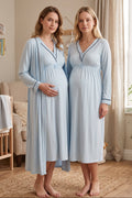 Piped V-Neck 2-Piece Maternity Feeding-Friendly Nightgown & Robe Set Blue - T4055