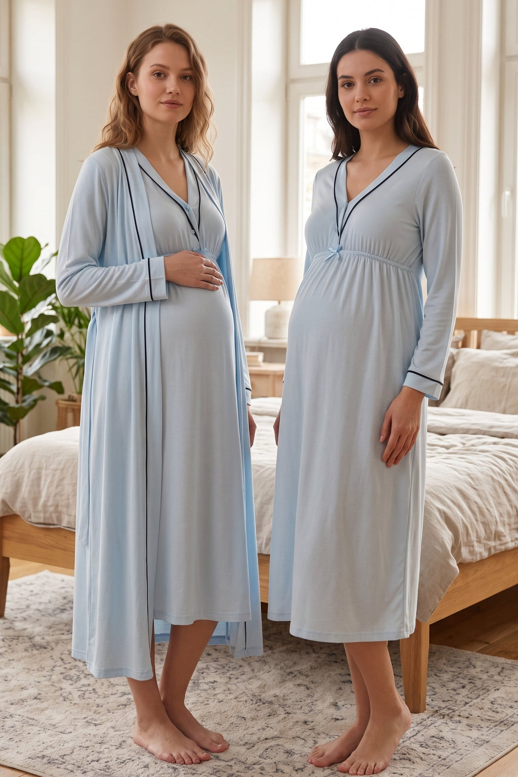Piped V-Neck 2-Piece Maternity Feeding-Friendly Nightgown & Robe Set Blue - T4055