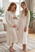 Piped V-Neck 2-Piece Maternity Feeding-Friendly Nightgown & Robe Set Ecru - T4055