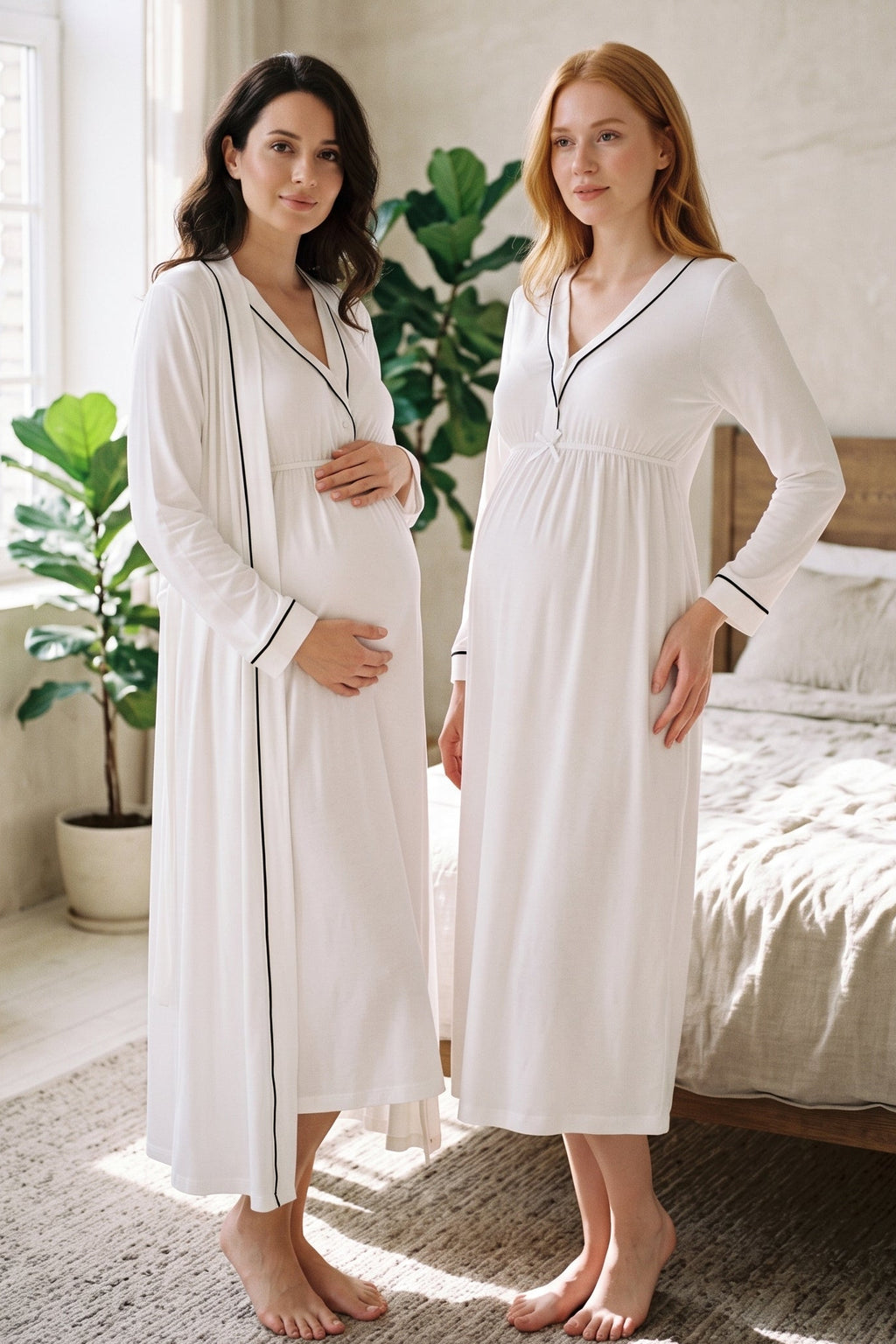 Piped V-Neck 2-Piece Maternity Feeding-Friendly Nightgown & Robe Set Ecru - T4055