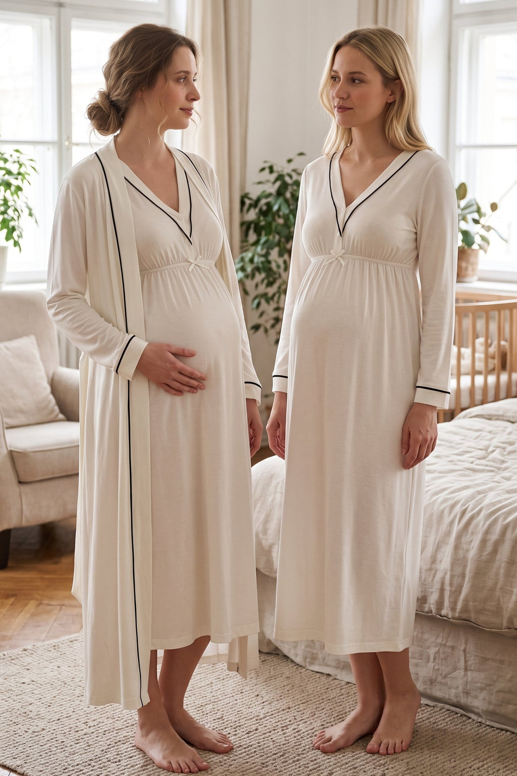 Piped V-Neck 2-Piece Maternity Feeding-Friendly Nightgown & Robe Set Ecru - T4055