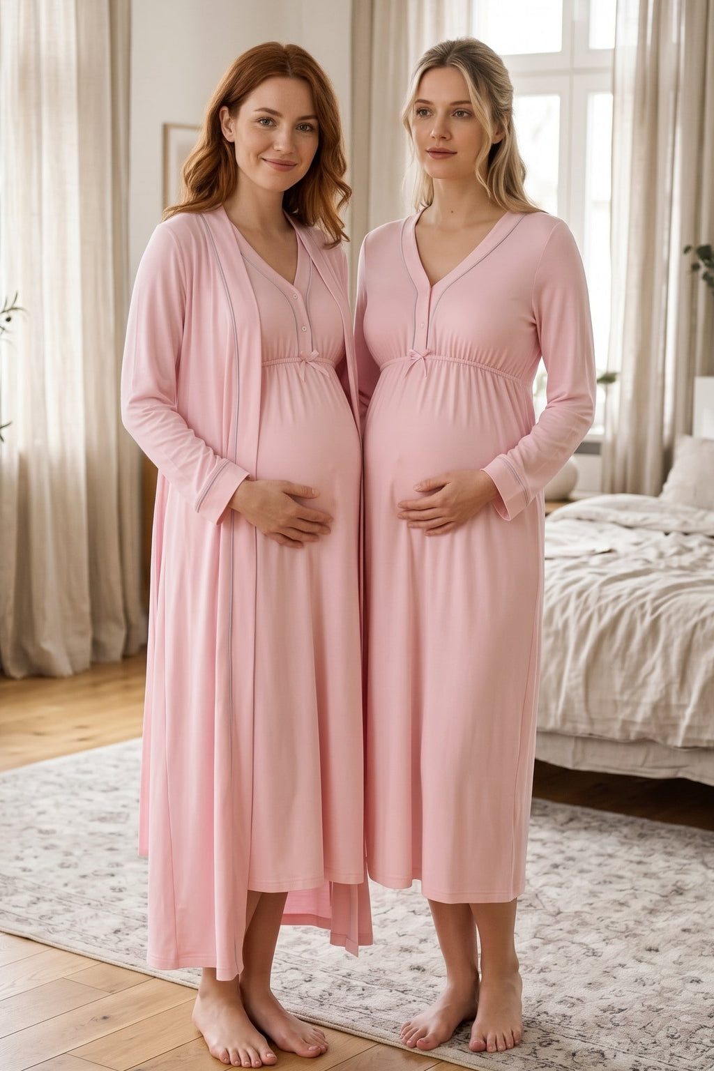Piped V-Neck 2-Piece Maternity Feeding-Friendly Nightgown & Robe Set Pink - T4055