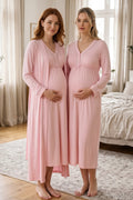Piped V-Neck 2-Piece Maternity Feeding-Friendly Nightgown & Robe Set Pink - T4055