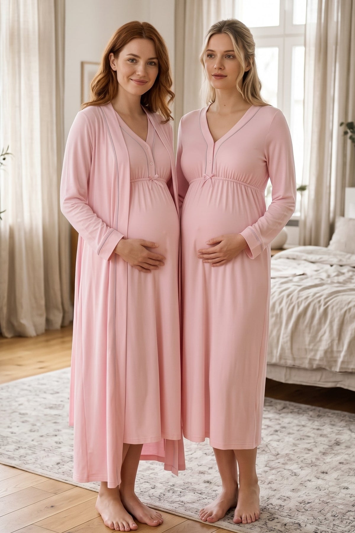 Piped V-Neck 2-Piece Maternity Feeding-Friendly Nightgown & Robe Set Pink - T4055