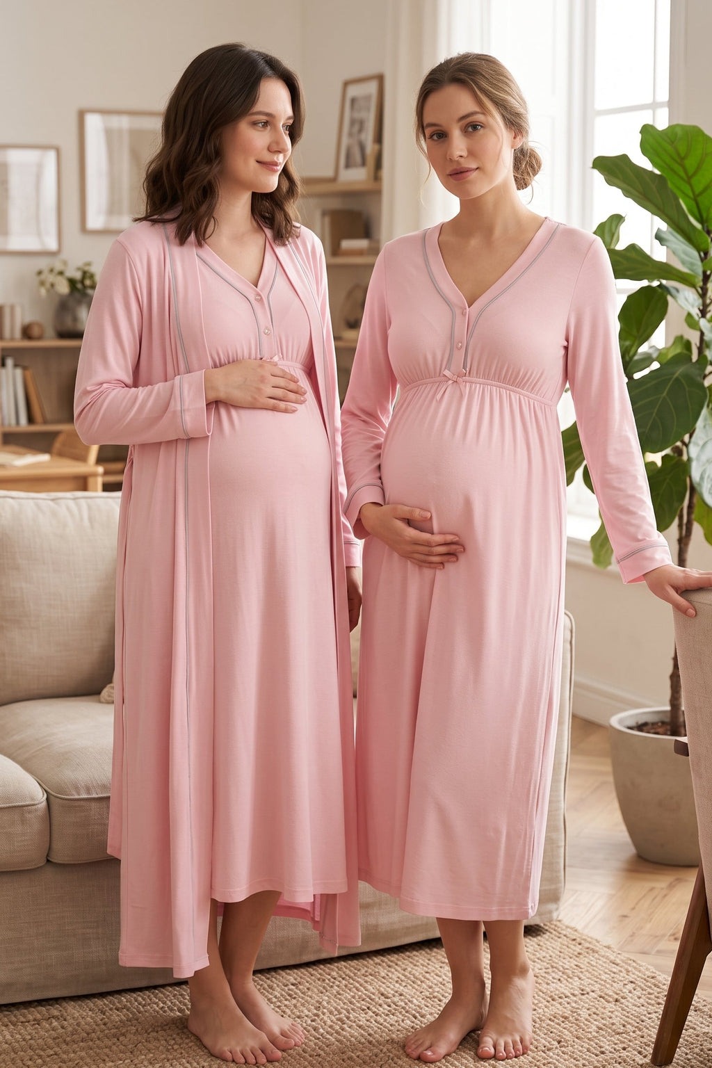 Piped V-Neck 2-Piece Maternity Feeding-Friendly Nightgown & Robe Set Pink - T4055