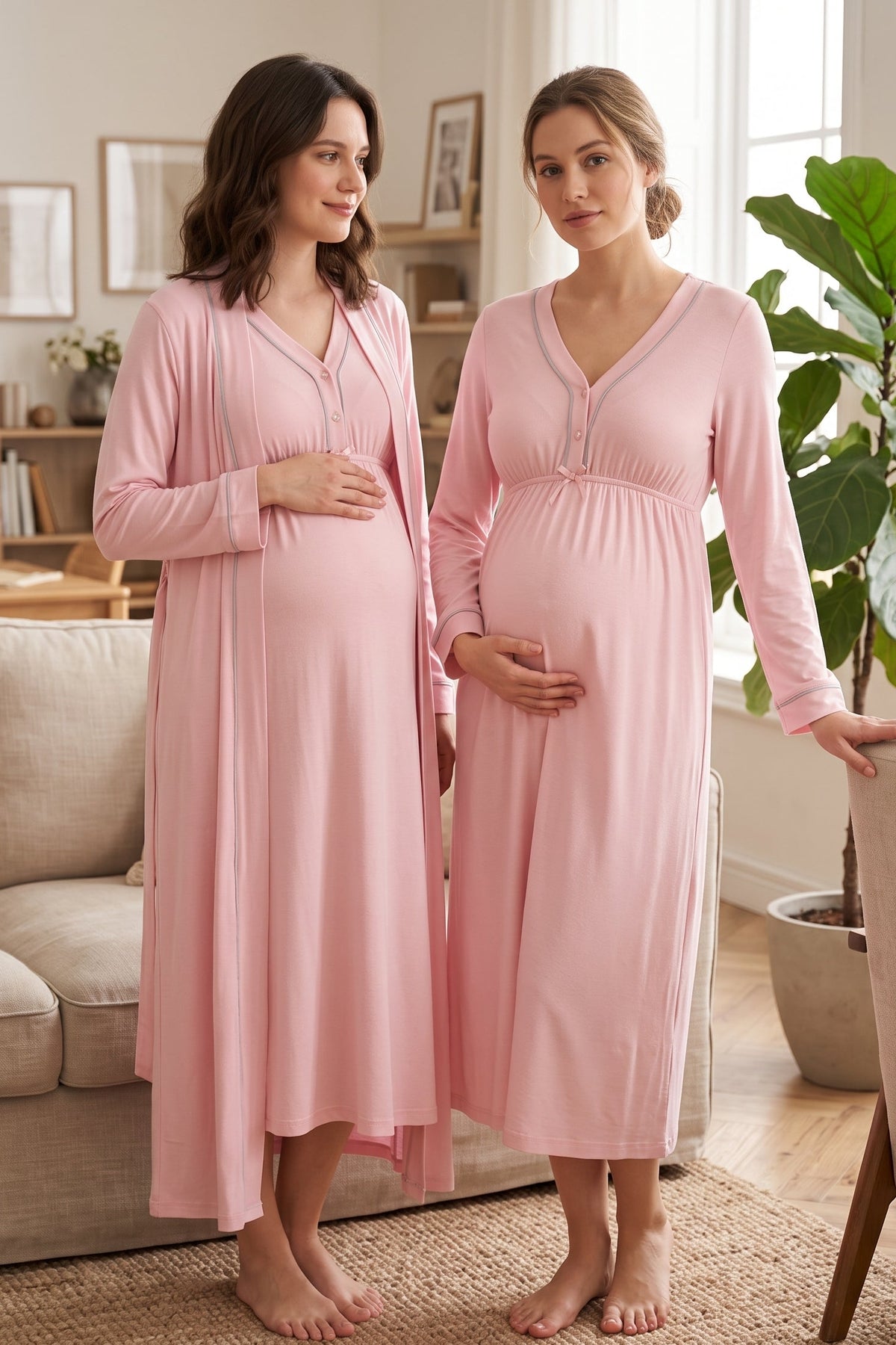 Piped V-Neck 2-Piece Maternity Feeding-Friendly Nightgown & Robe Set Pink - T4055