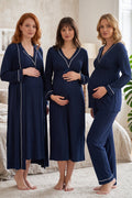 Piped V-Neck 4-Piece Maternity Feeding-Friendly Set Navy Blue - T4056