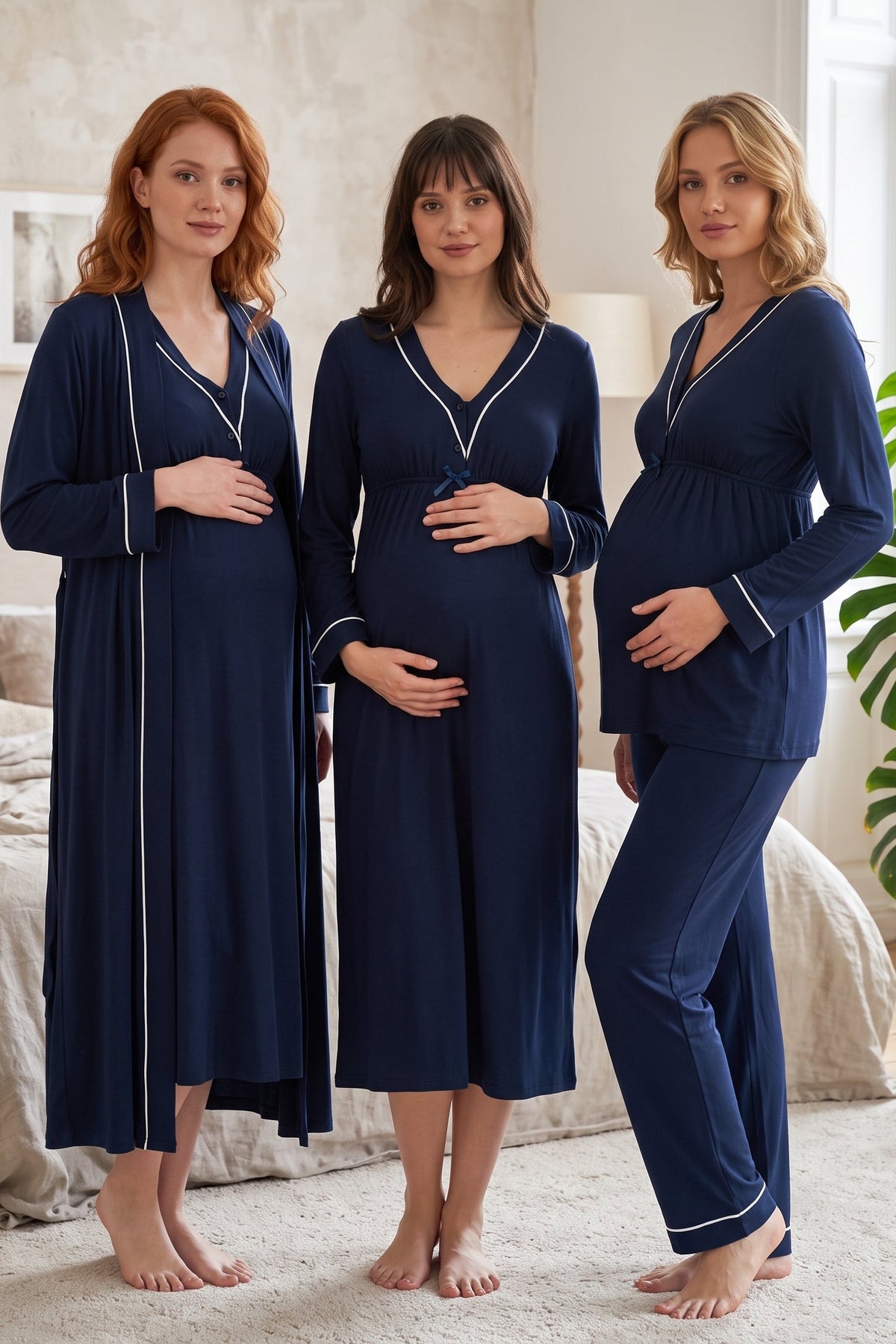Piped V-Neck 4-Piece Maternity Feeding-Friendly Set Navy Blue - T4056