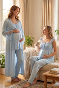 Lace Shoulder 3-Piece Maternity Feeding-Friendly Pajama & Flywheel Arm Robe Set Blue - T4064