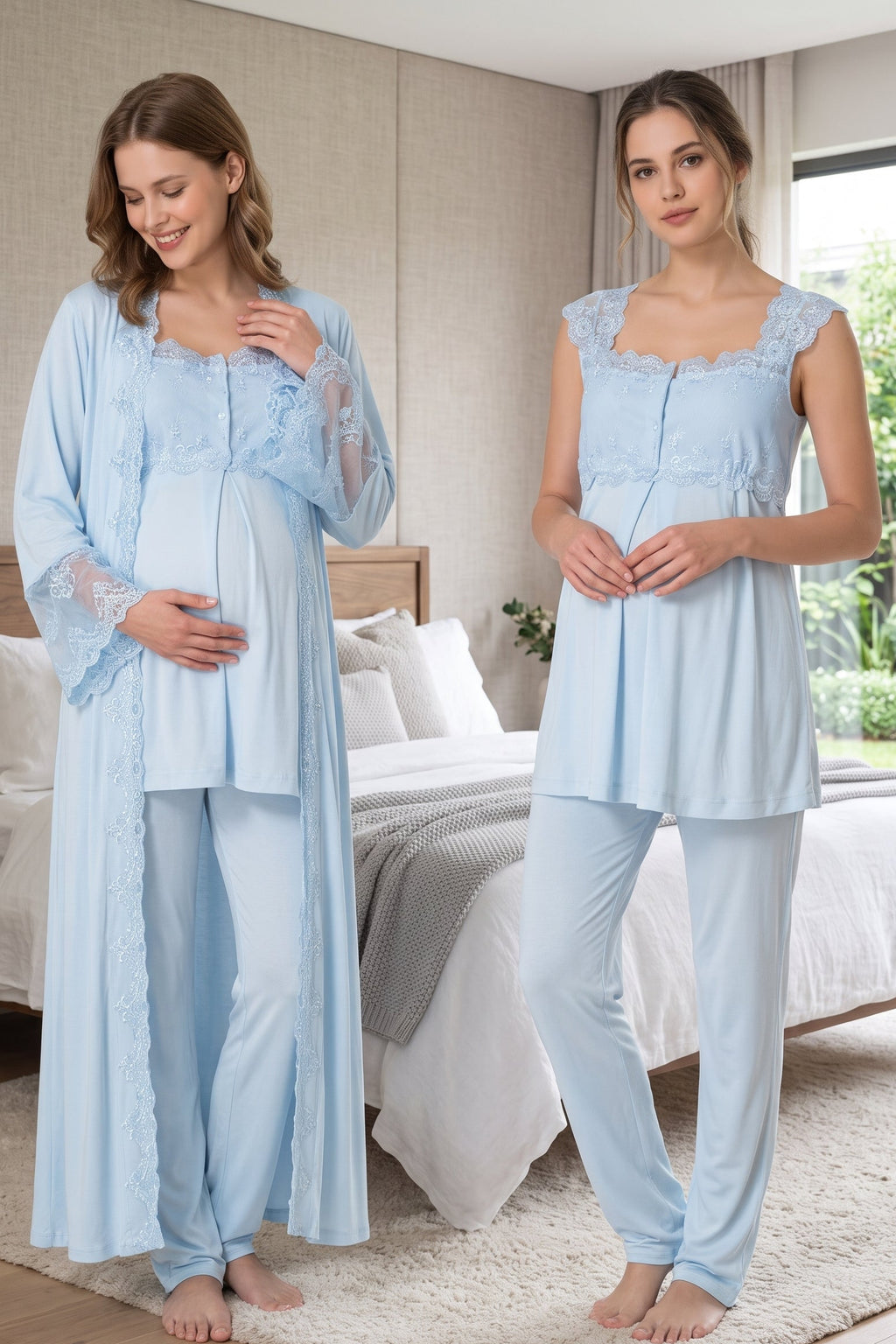 Lace Shoulder 3-Piece Maternity Feeding-Friendly Pajama & Flywheel Arm Robe Set Blue - T4064