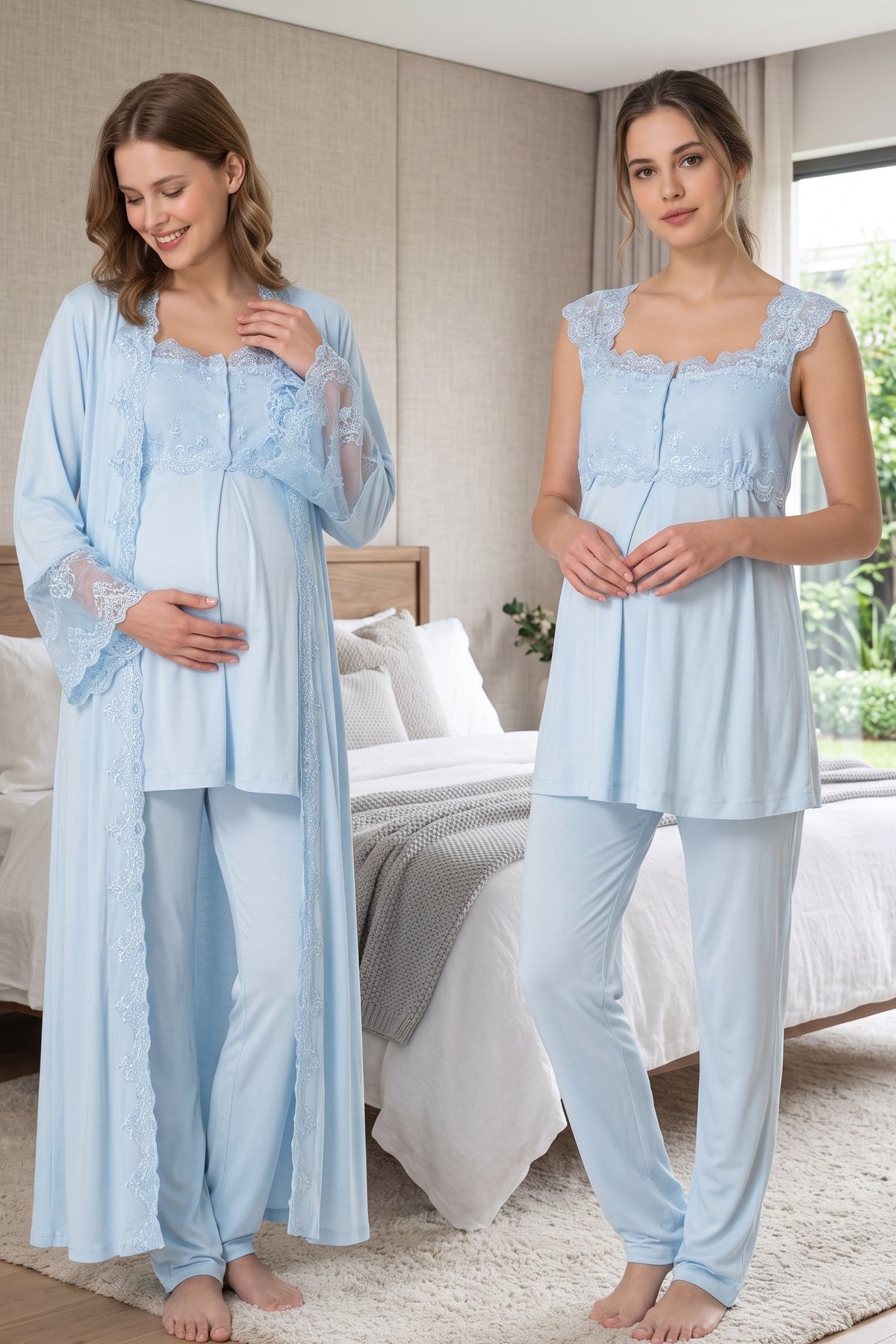 Lace Shoulder 3-Piece Maternity Feeding-Friendly Pajama & Flywheel Arm Robe Set Blue - T4064