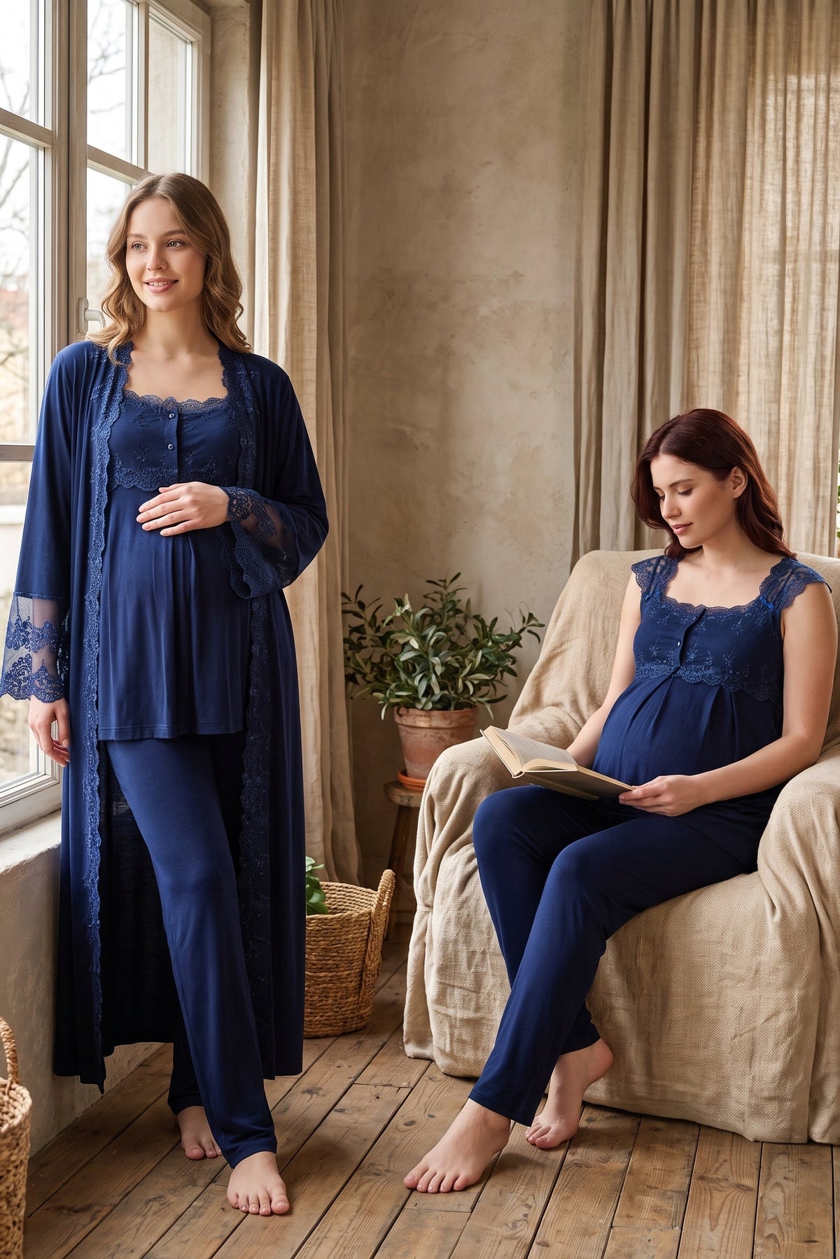 Lace Shoulder 3-Piece Maternity Feeding-Friendly Pajama & Flywheel Arm Robe Set Navy Blue - T4064