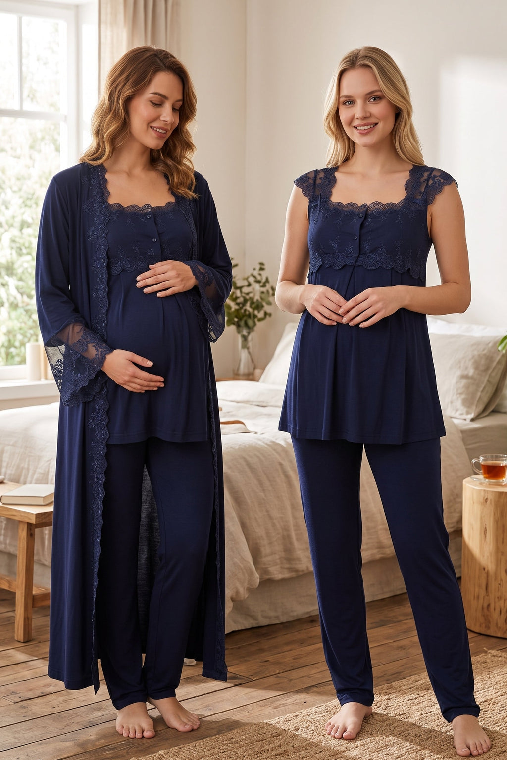 Lace Shoulder 3-Piece Maternity Feeding-Friendly Pajama & Flywheel Arm Robe Set Navy Blue - T4064