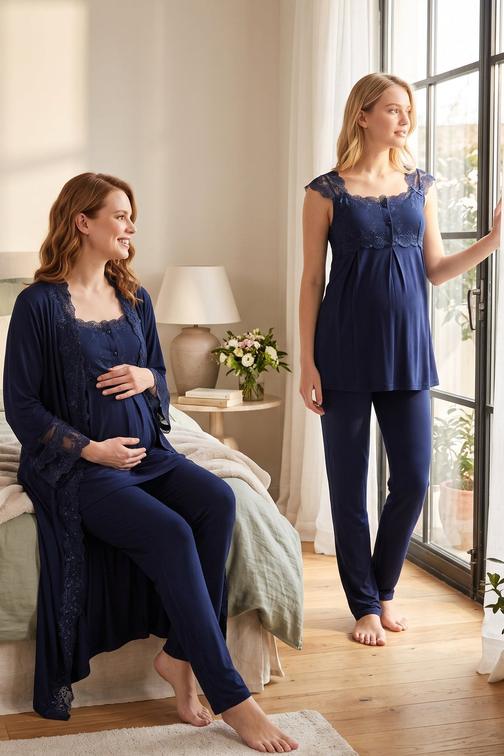 Lace Shoulder 3-Piece Maternity Feeding-Friendly Pajama & Flywheel Arm Robe Set Navy Blue - T4064