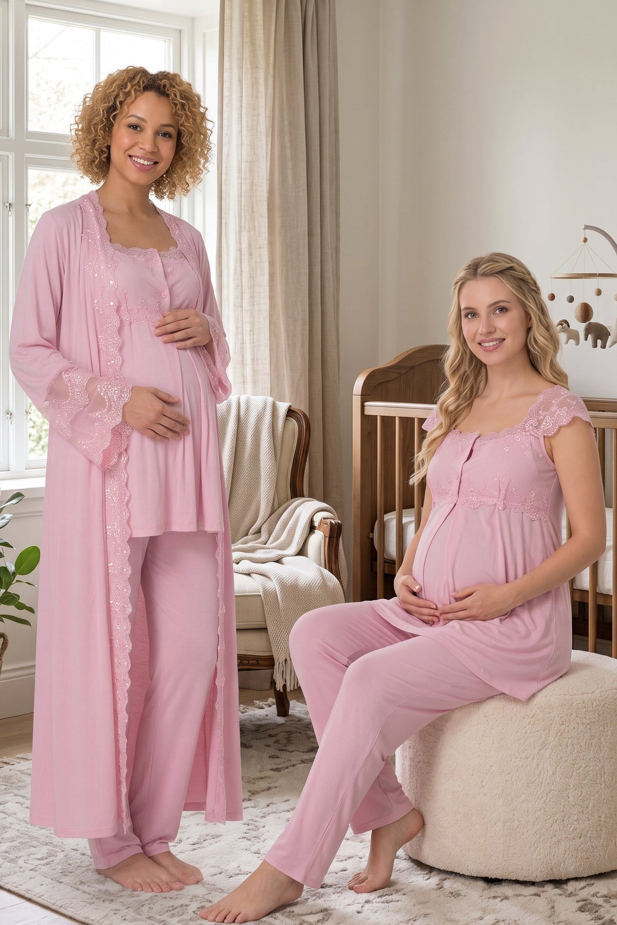 Lace Shoulder 3-Piece Maternity Feeding-Friendly Pajama & Flywheel Arm Robe Set Pink - T4064