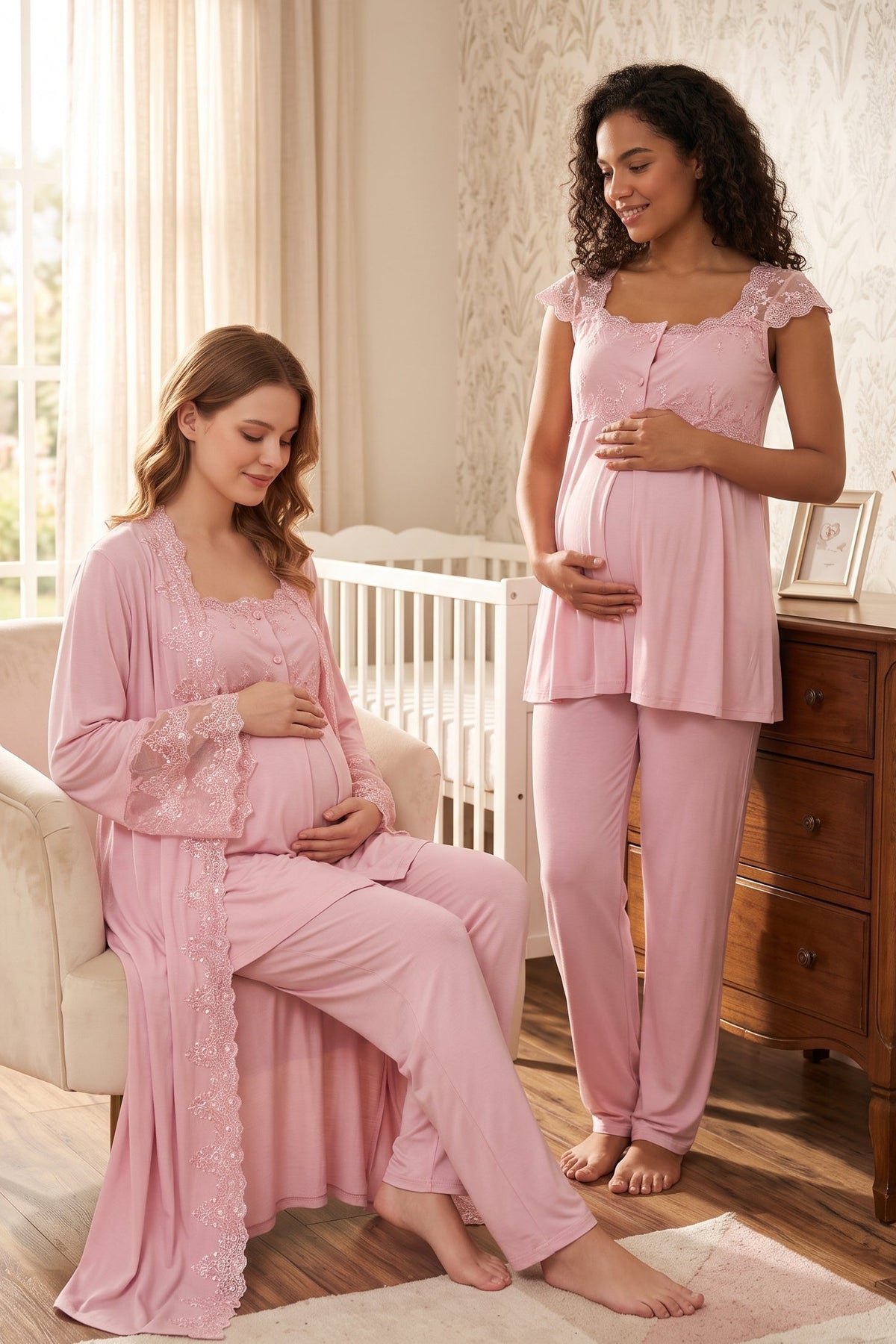 Lace Shoulder 3-Piece Maternity Feeding-Friendly Pajama & Flywheel Arm Robe Set Pink - T4064