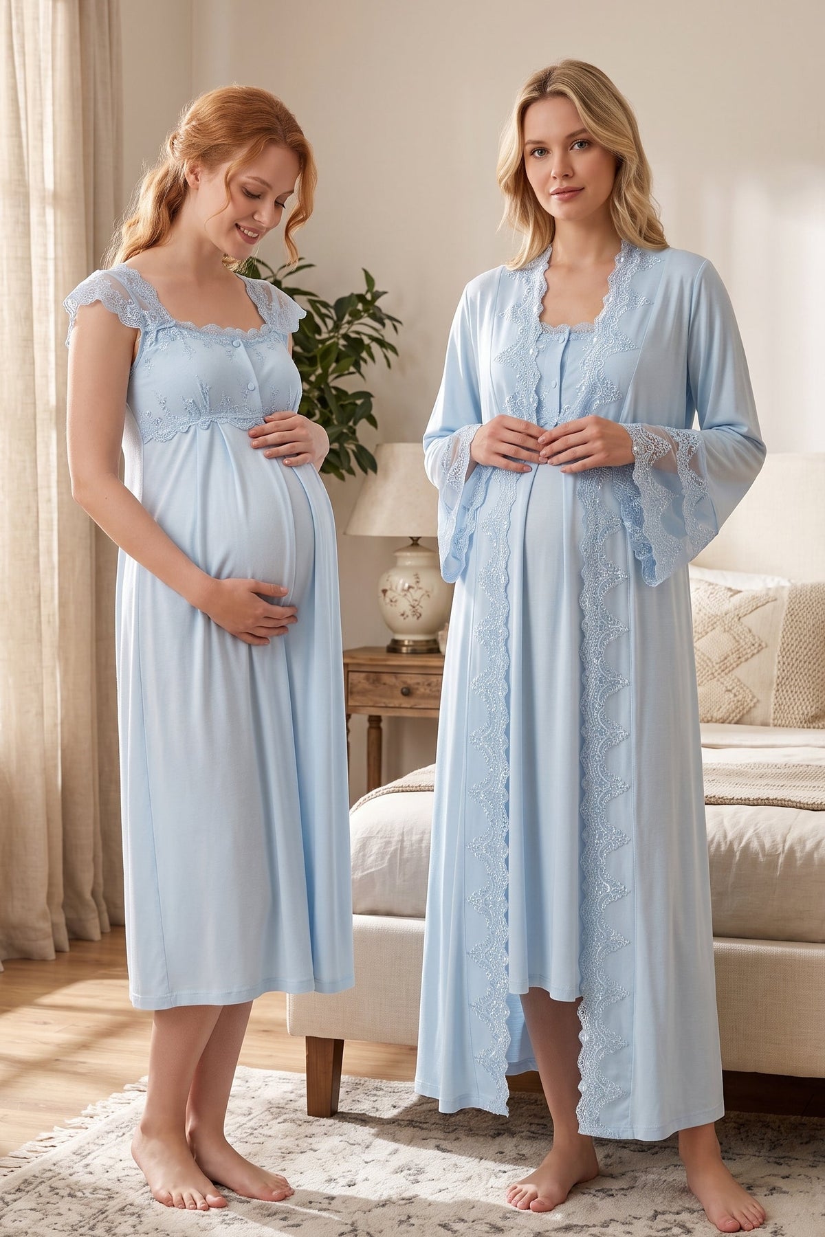 Lace Shoulder Maternity Feeding-Friendly Nightgown & Flywheel Arm Robe Set Blue - T4065