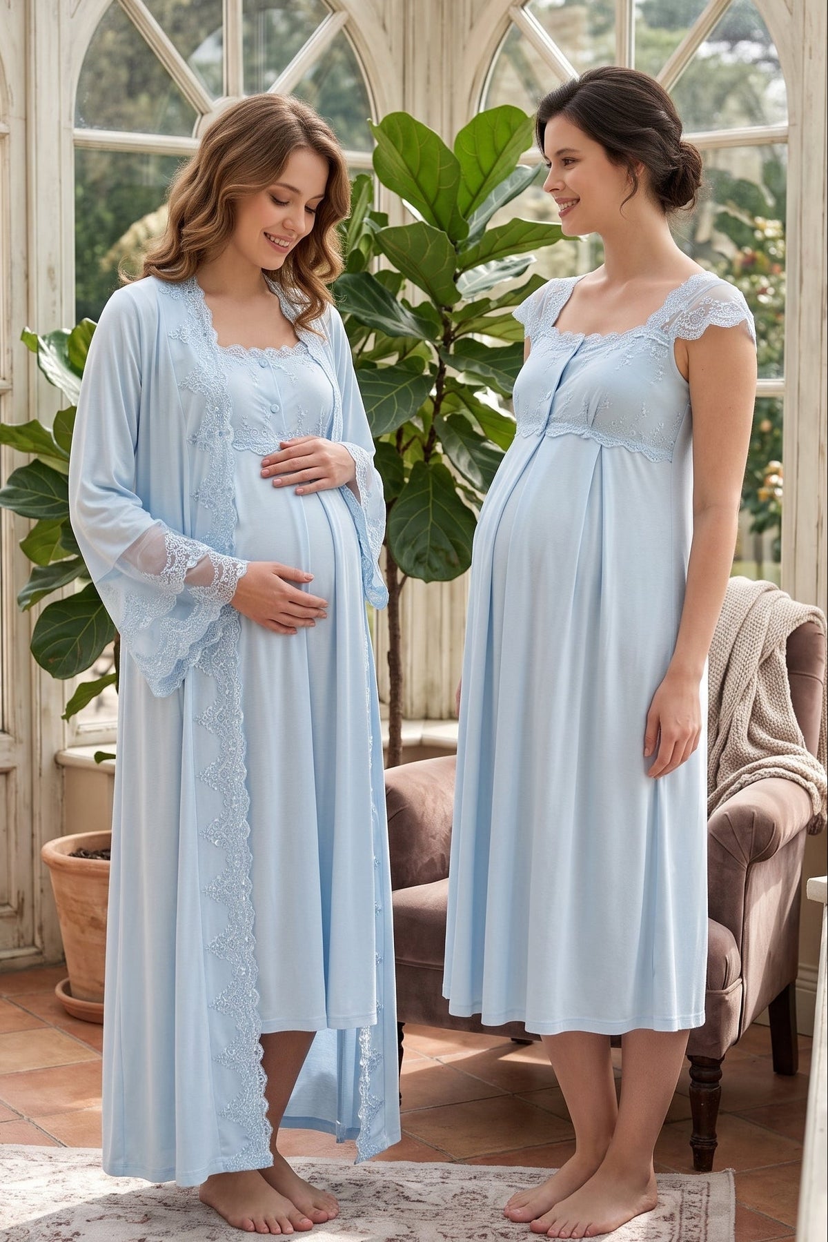 Lace Shoulder Maternity Feeding-Friendly Nightgown & Flywheel Arm Robe Set Blue - T4065