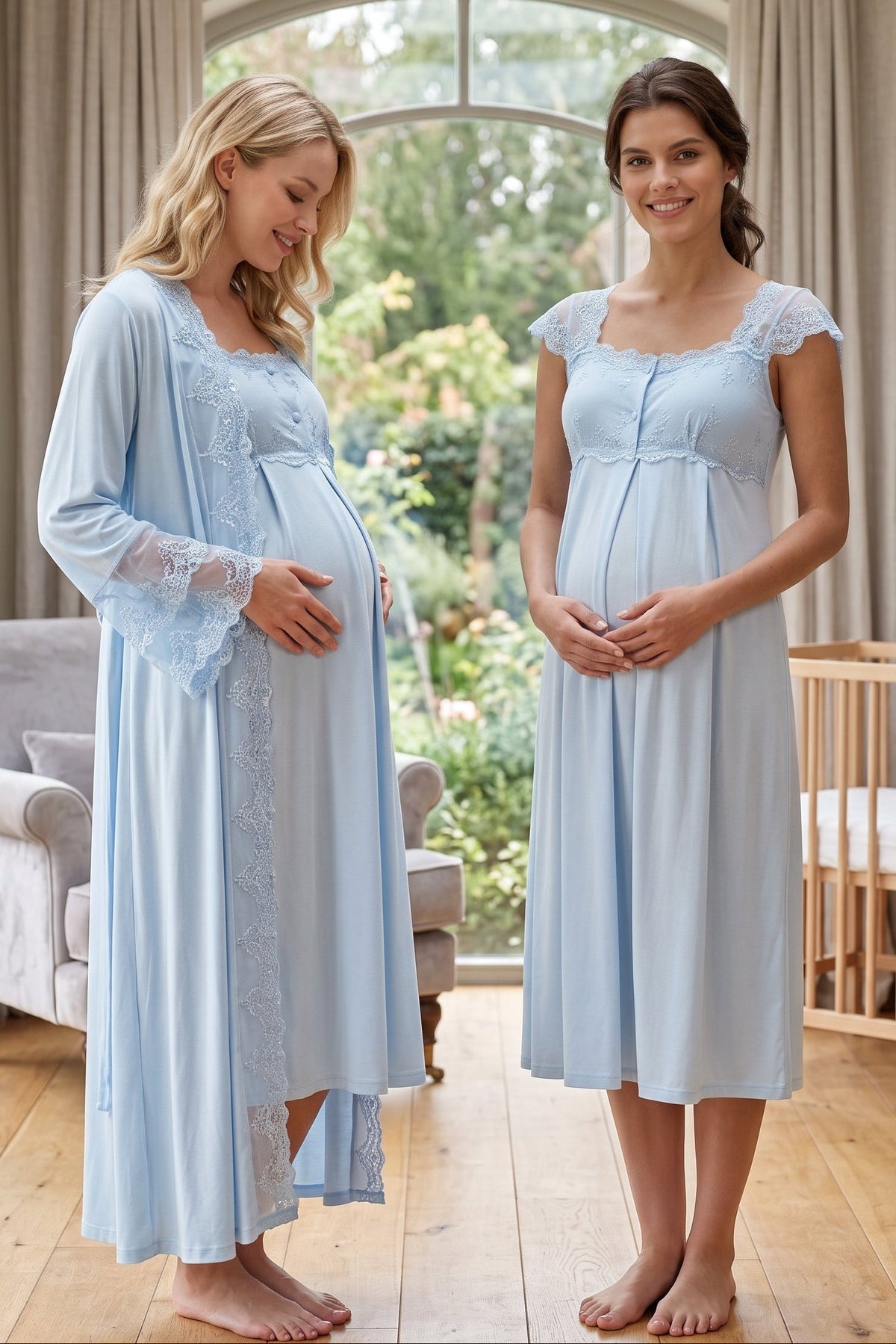 Lace Shoulder Maternity Feeding-Friendly Nightgown & Flywheel Arm Robe Set Blue - T4065