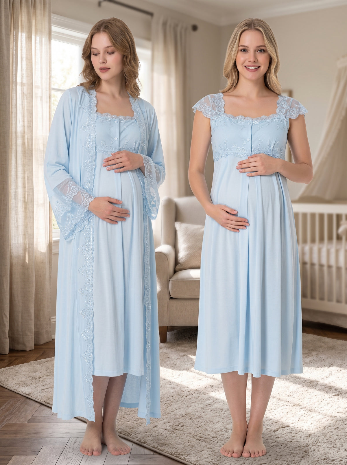 Lace Shoulder Maternity Feeding-Friendly Nightgown & Flywheel Arm Robe Set Blue - T4065
