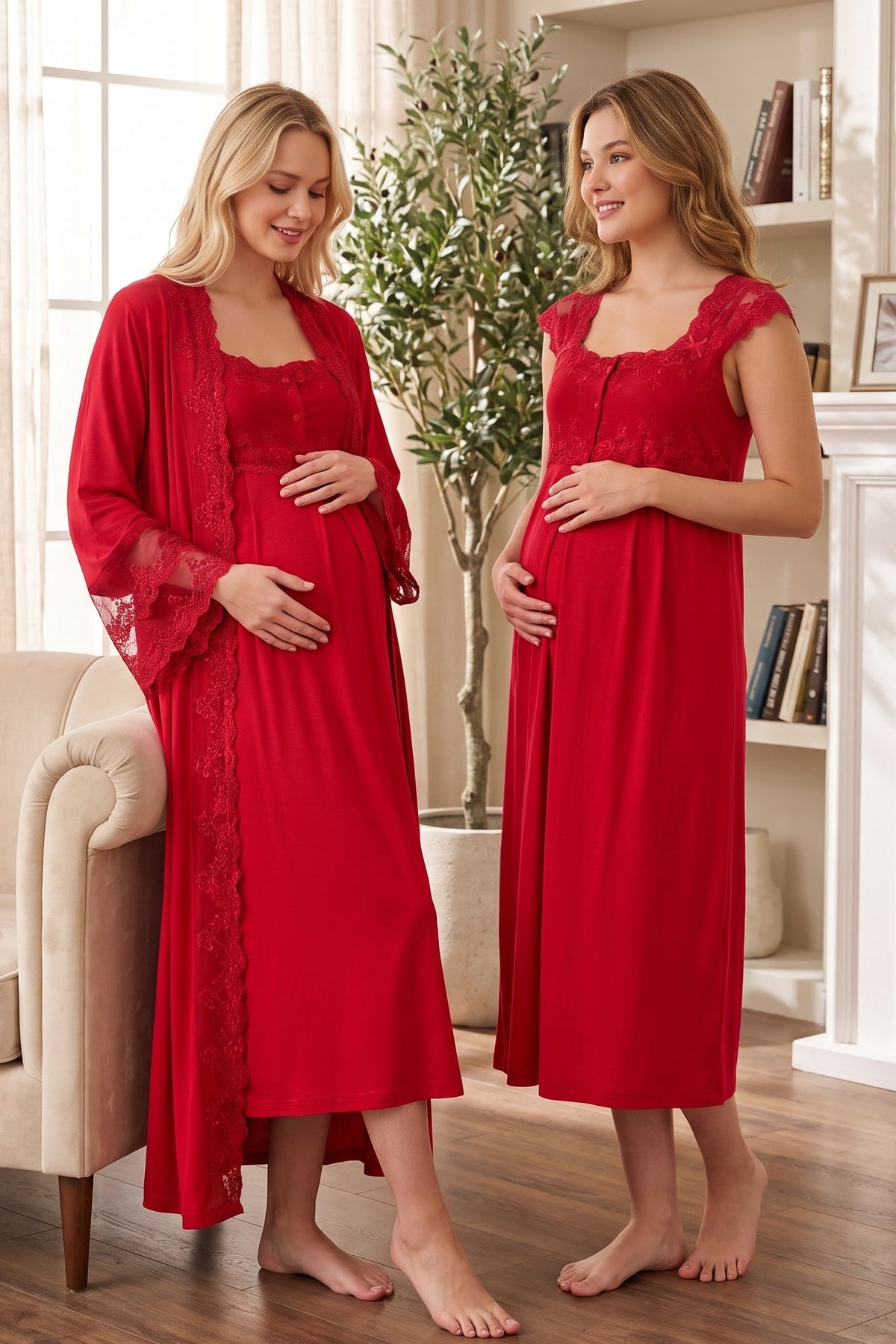 Lace Shoulder Maternity Feeding-Friendly Nightgown & Flywheel Arm Robe Set Cherry - T4065