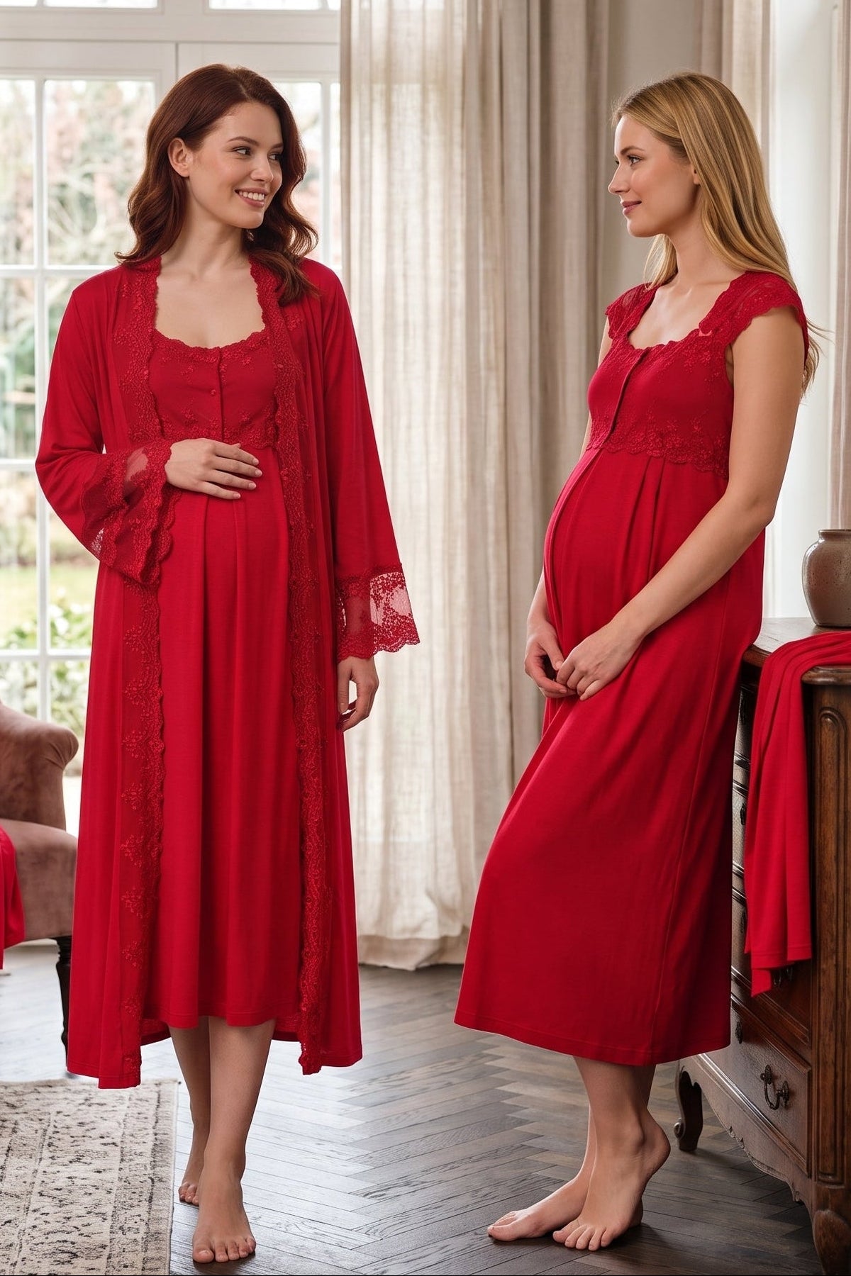 Lace Shoulder Maternity Feeding-Friendly Nightgown & Flywheel Arm Robe Set Cherry - T4065