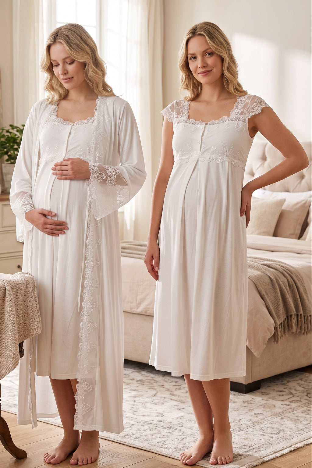 Lace Shoulder Maternity Feeding-Friendly Nightgown & Flywheel Arm Robe Set Ecru - T4065