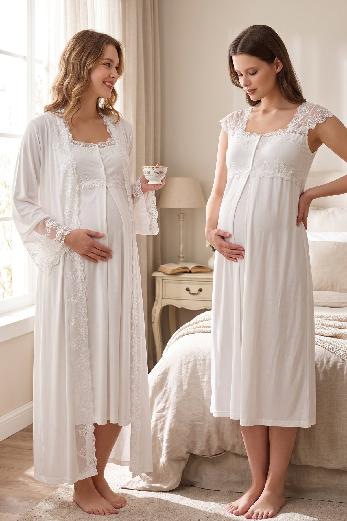 Lace Shoulder Maternity Feeding-Friendly Nightgown & Flywheel Arm Robe Set Ecru - T4065