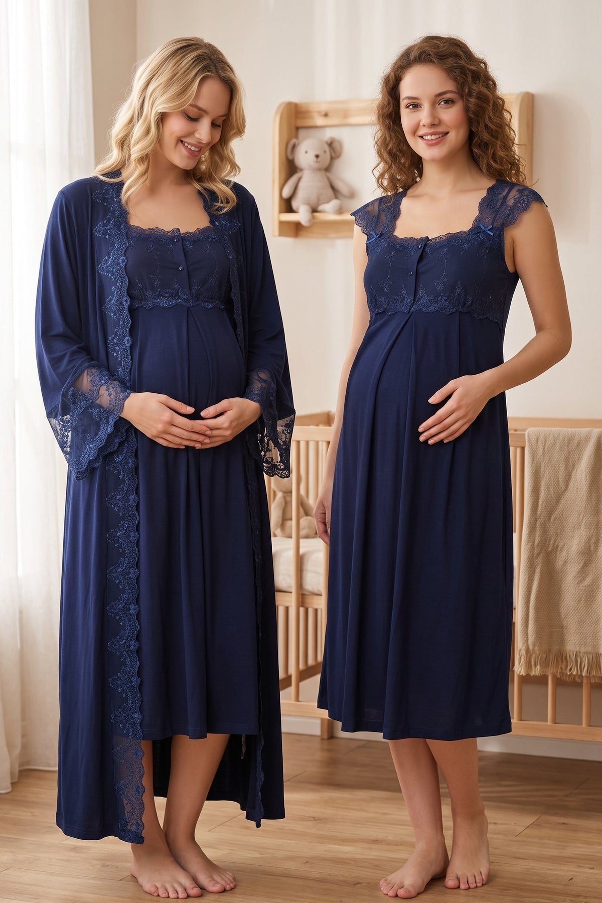 Lace Shoulder Maternity Feeding-Friendly Nightgown & Flywheel Arm Robe Set Navy Blue - T4065