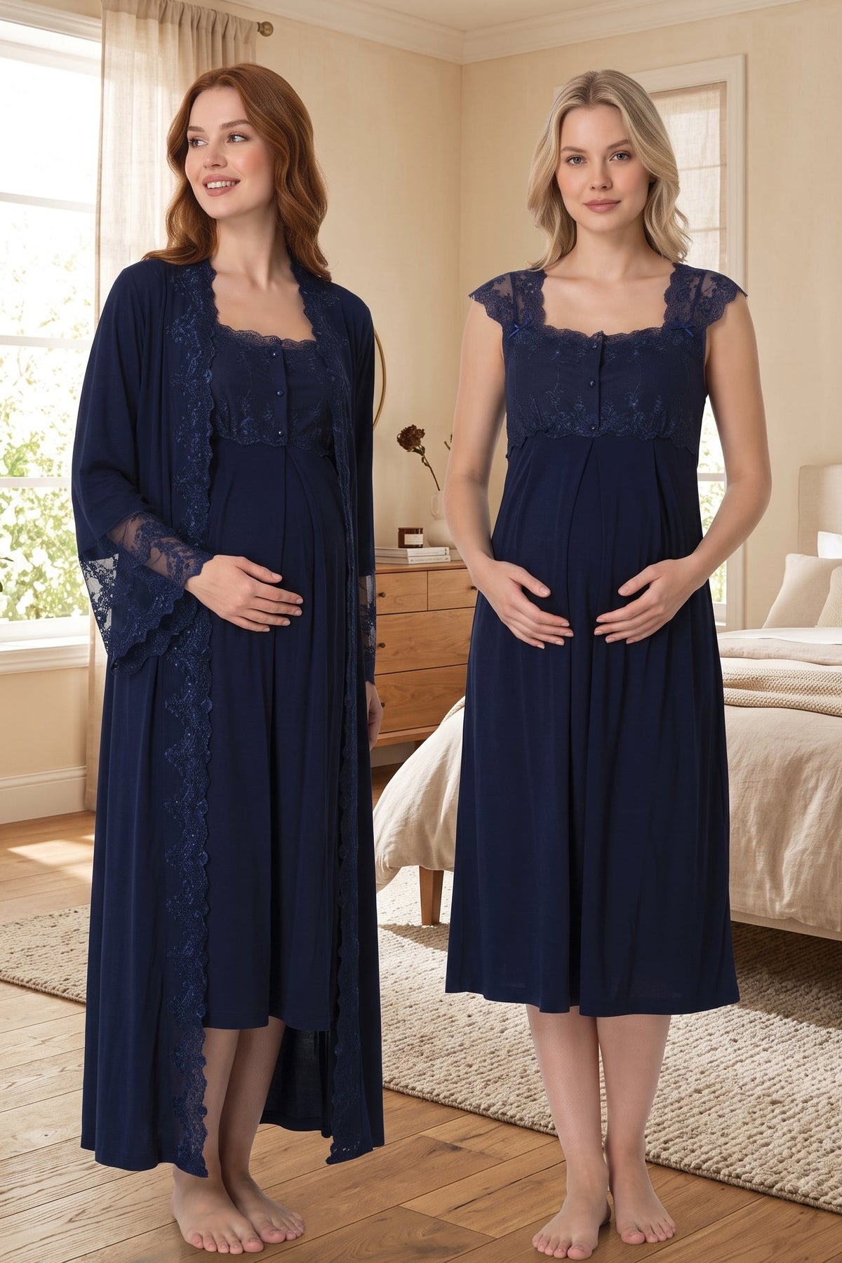 Lace Shoulder Maternity Feeding-Friendly Nightgown & Flywheel Arm Robe Set Navy Blue - T4065
