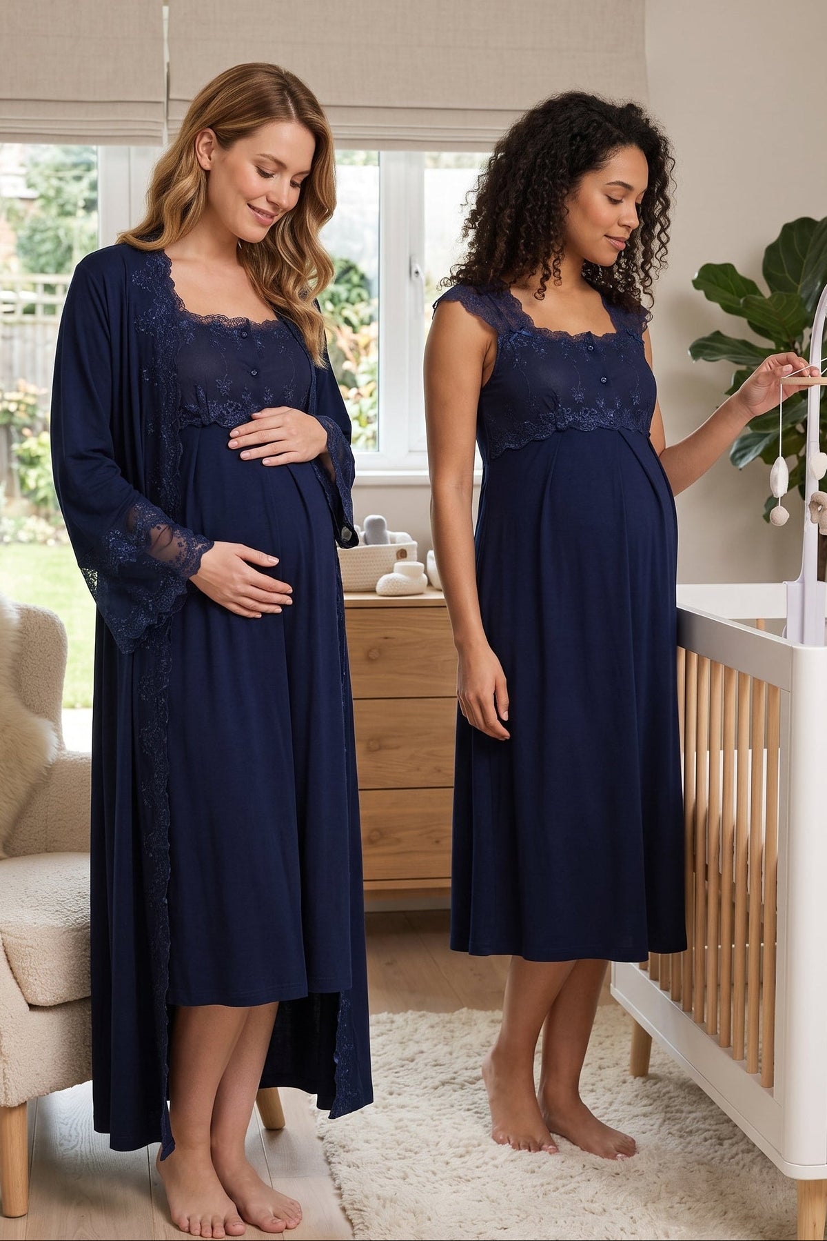 Lace Shoulder Maternity Feeding-Friendly Nightgown & Flywheel Arm Robe Set Navy Blue - T4065