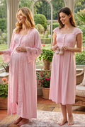 Lace Shoulder Maternity Feeding-Friendly Nightgown & Flywheel Arm Robe Set Pink - T4065