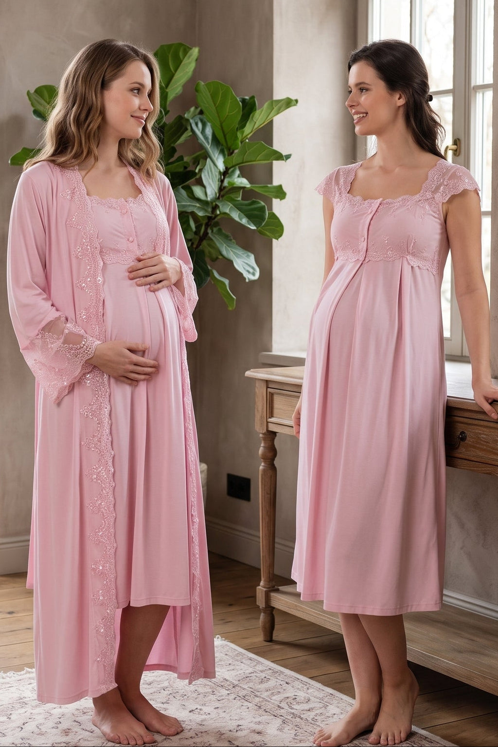 Lace Shoulder Maternity Feeding-Friendly Nightgown & Flywheel Arm Robe Set Pink - T4065