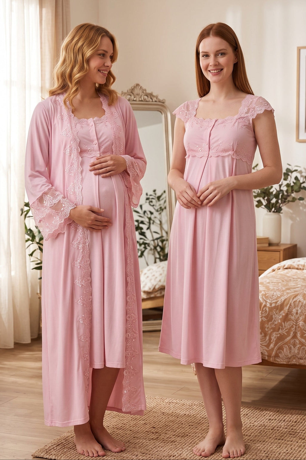 Lace Shoulder Maternity Feeding-Friendly Nightgown & Flywheel Arm Robe Set Pink - T4065