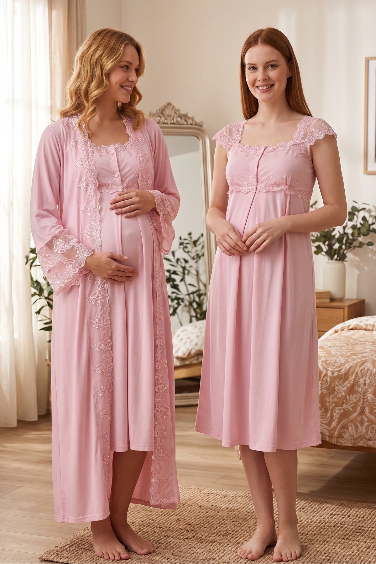 Lace Shoulder Maternity Feeding-Friendly Nightgown & Flywheel Arm Robe Set Pink - T4065