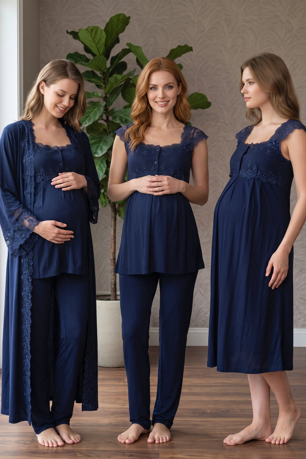 Flywheel Arm Lace Shoulder 4-Piece Maternity Feeding-Friendly Set Navy Blue - T4066