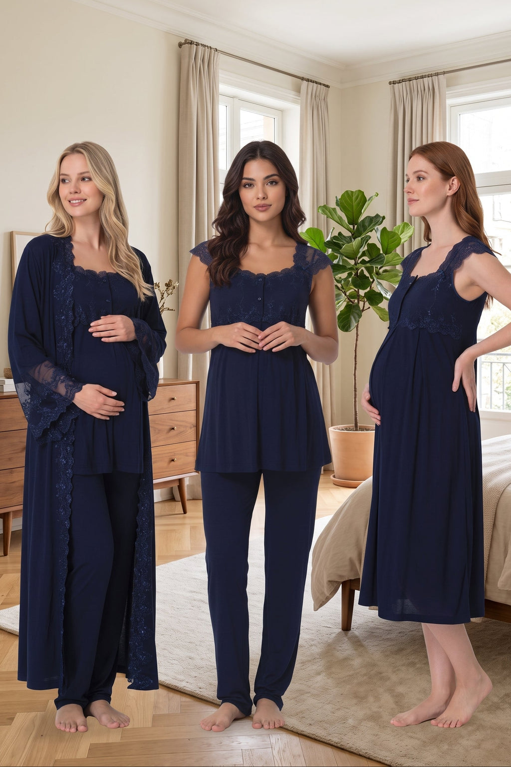 Flywheel Arm Lace Shoulder 4-Piece Maternity Feeding-Friendly Set Navy Blue - T4066