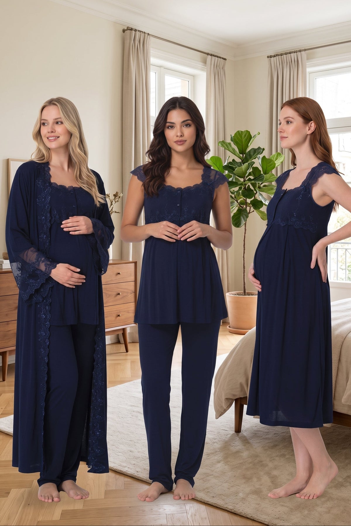 Flywheel Arm Lace Shoulder 4-Piece Maternity Feeding-Friendly Set Navy Blue - T4066